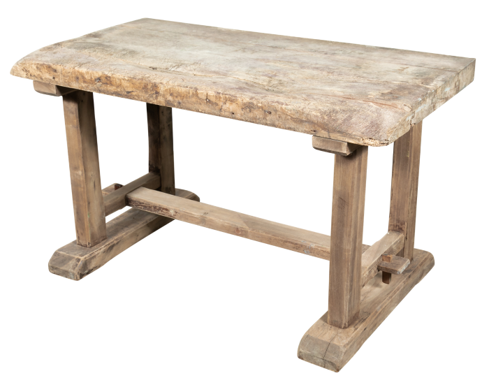 Lolo French Antiques Early 19th Century Primitive ProvencalL Washed Oak Trestle Base Etabli or Side Tableh