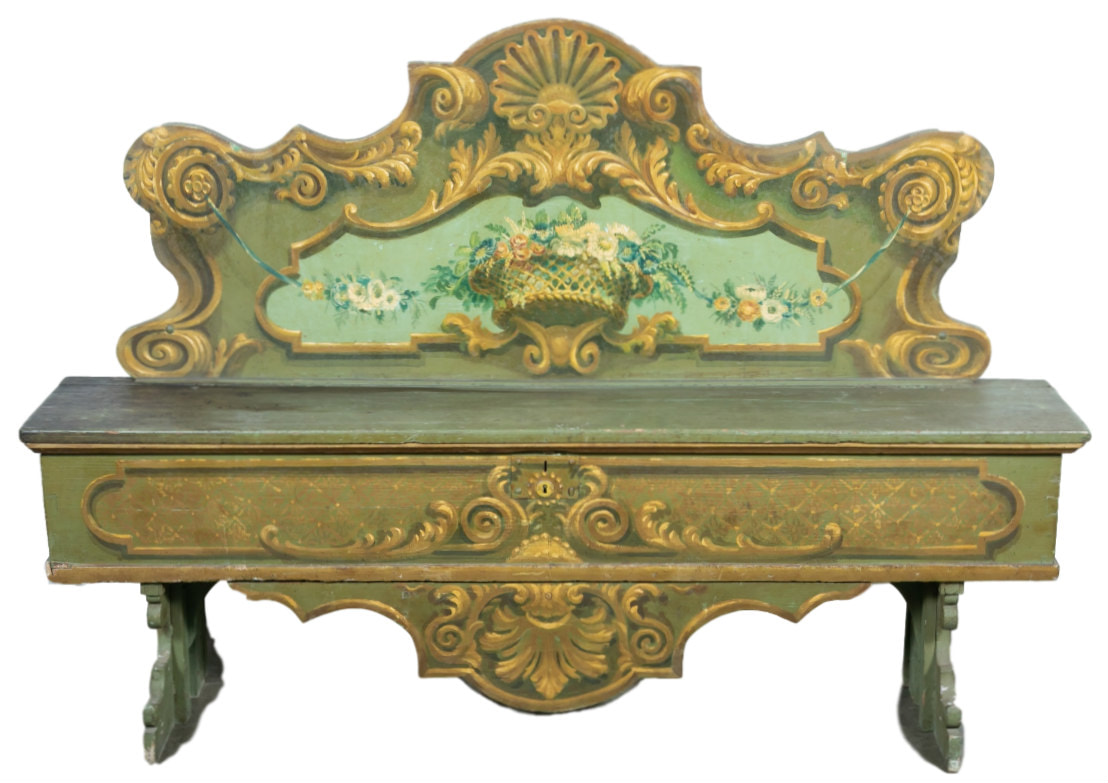 Lolo French Antiques 19th Century Italian Baroque Polychrome Cassapanca Wood Storage Hall Bench