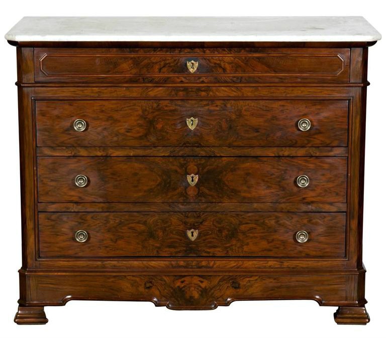Lolo French Antiques Louis Philippe Bookmatched Burled Walnut Commode with Marble Top