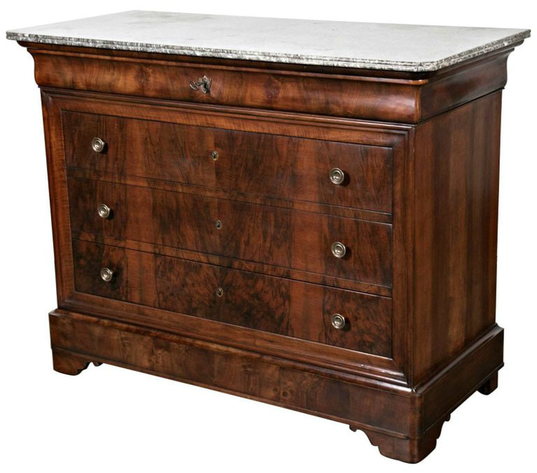 Lolo French Antiques Antique French Louis Philippe Period Bookmatched Walnut Commode with Marble Top