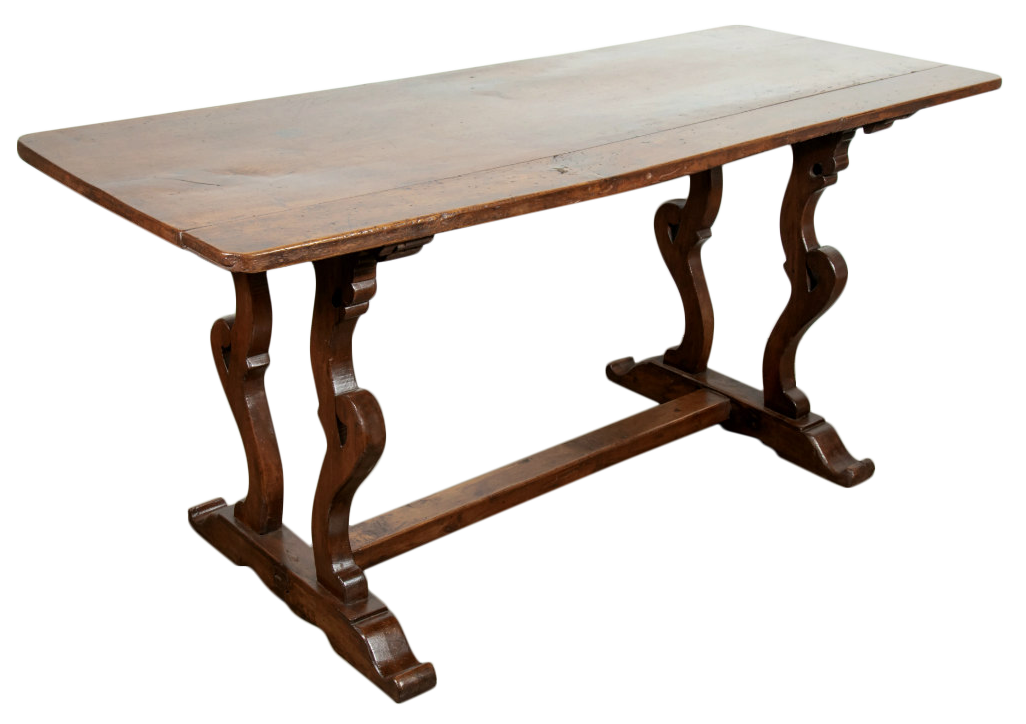 Lolo French Antiques 19th Century Italian Baroque Style Walnut Trestle Table with Fruitwood marquetry 