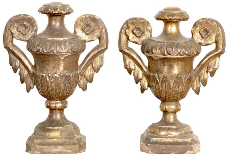 Lolo French Antiques 19th Century Pair of Hand Carved Giltwood Italian Porte Palm Altar Urns