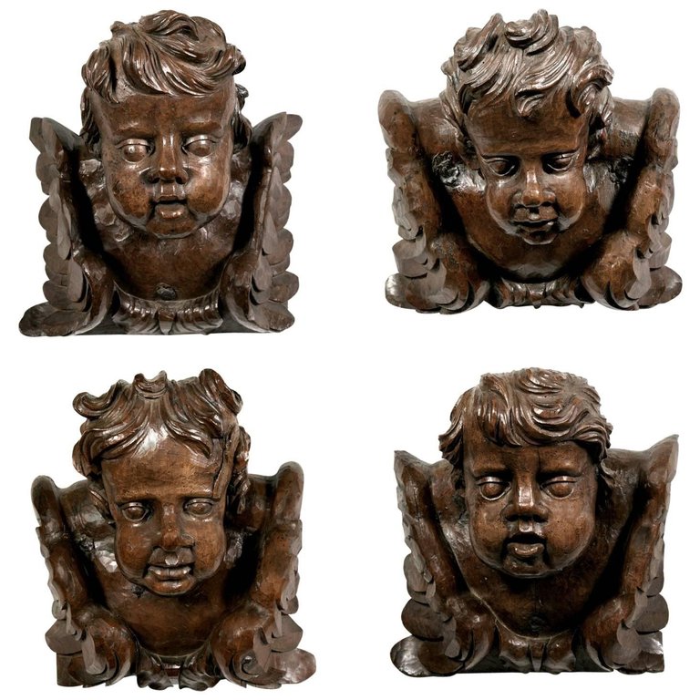Lolo French Antiques Sensational Set of Four Baroque 18th Century Italian Handcarved Cherubs or Putti