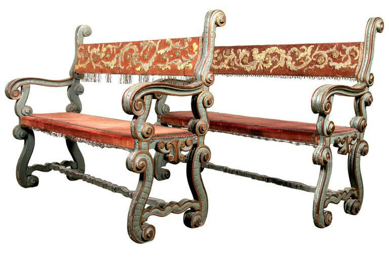 Lolo French Antiques Pair of 18th Century Carved and Painted Baroque Tuscan Arm Benches