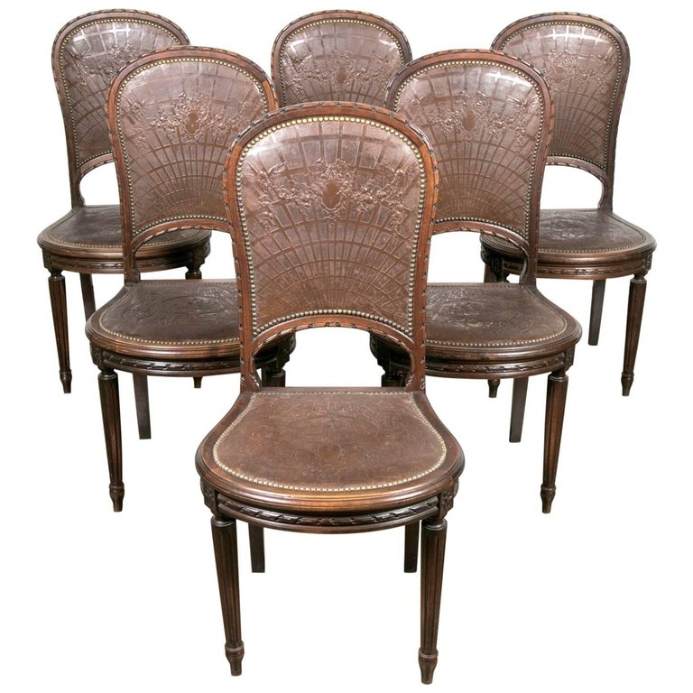 Lolo French Antiques Set of Six French Louis XVI Tooled Leather Dining or Side Chairs