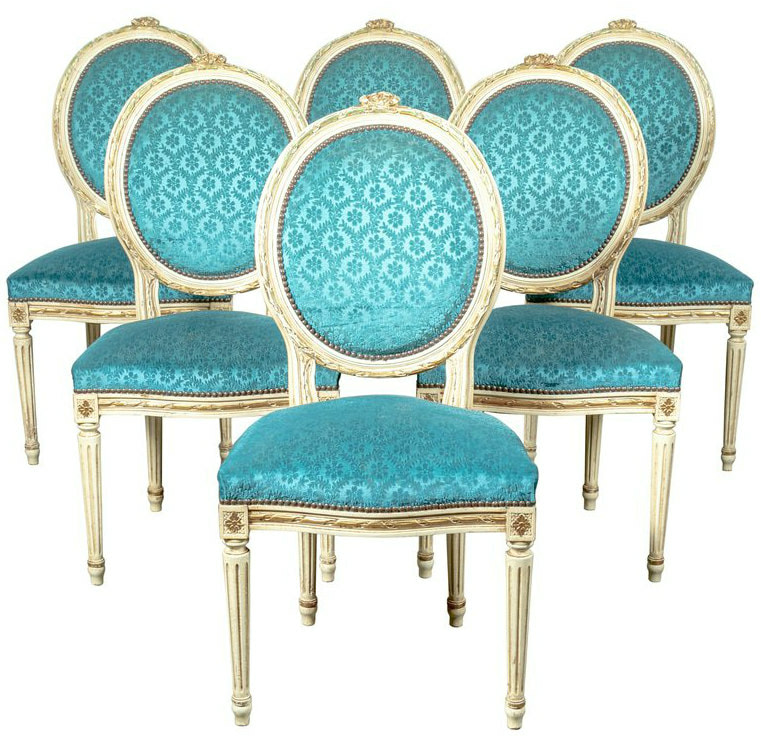 Lolo French Antiques Set of Six French Louis XV Style Maison Jansen Parcel-Gilt and Painted Dining Side Chairs