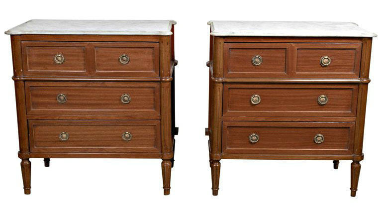 Lolo French Antiques Antique Pair of French Louis XVI Style marble top commodes or nightstands