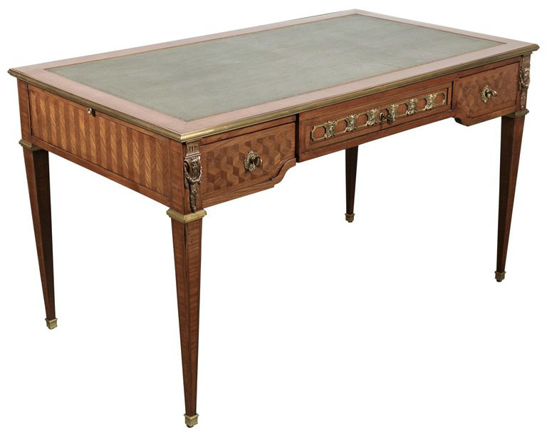 Lolo French Antiques 19th Century Louis XVI Style Parquetry Writing Table or Desk with Ormolu Mounts