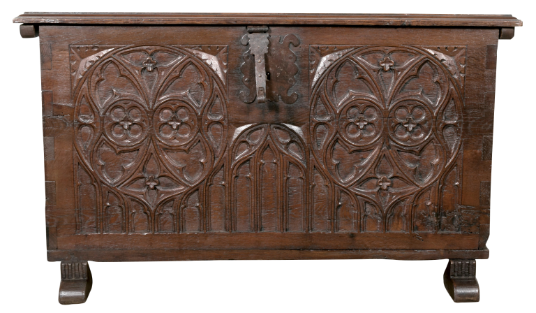 Lolo French Antiques Early 18th Century Spanish Carved Oak Gothic Style Coffer or Chest
