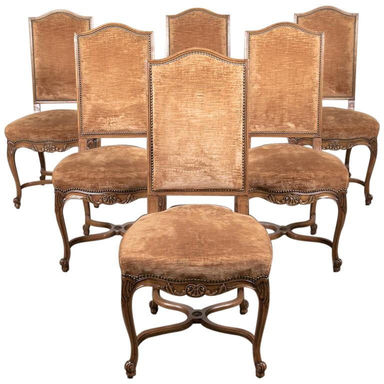 Lolo French Antiques Set of Six French Louis XV Style Carved Dining Side Chairs