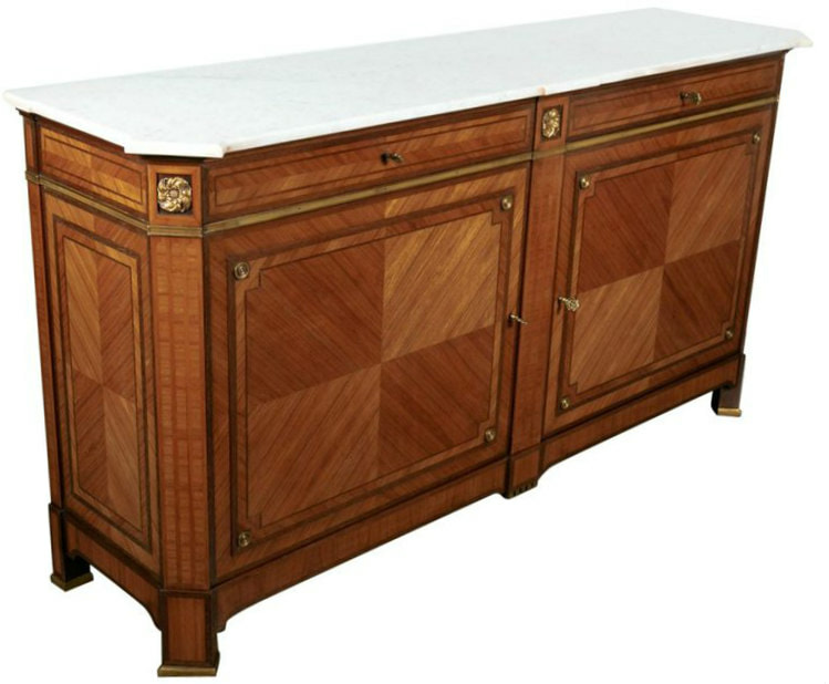 Lolo French Antiques Rare French Maison Gouffé Louis XVI Style Marble Top Inlaid Parquetry and Marquetry Buffet, Signed