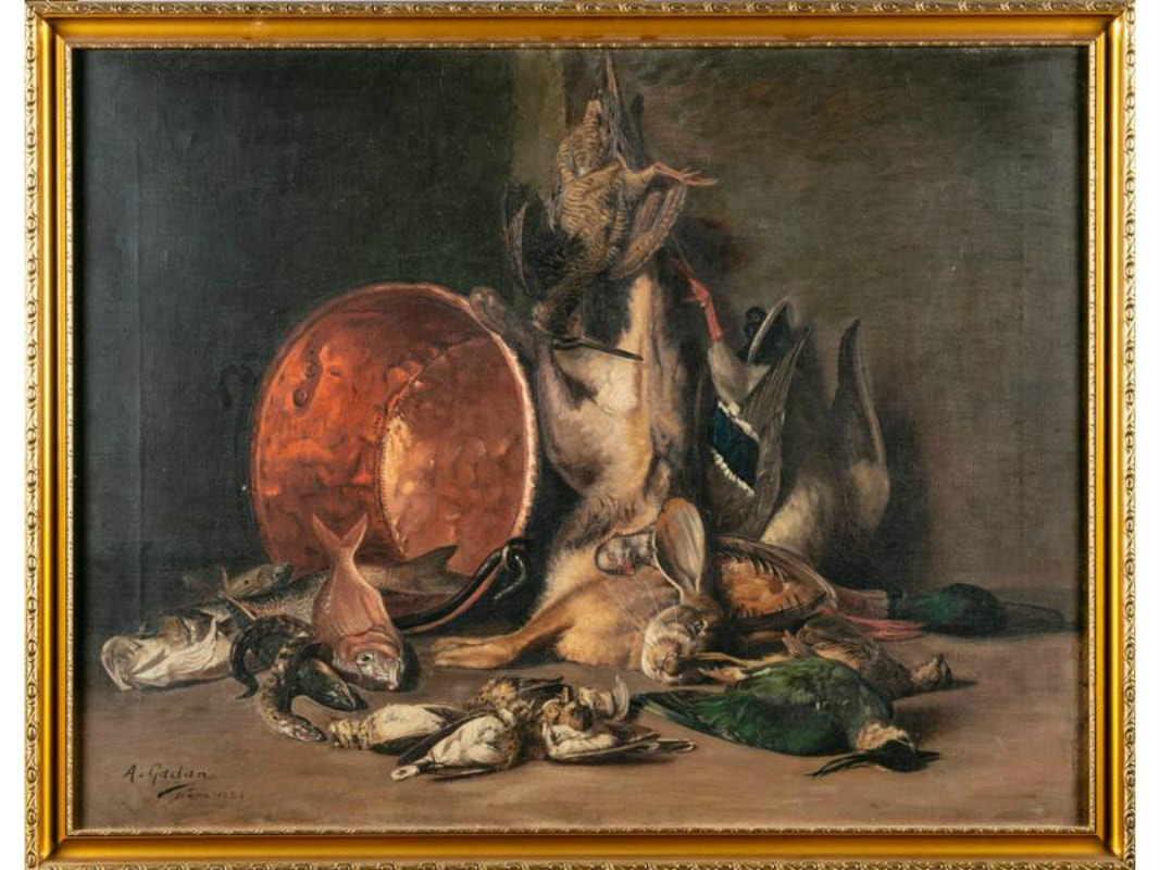 Lolo French Antiques Original 19th Century Still Life of Game Oil Painting by Antoine Gadan, signed