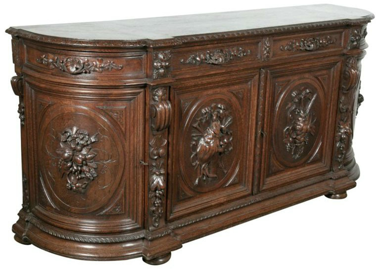 Lolo French Antiques Exceptional 19th Century Solid Oak Louis XIII Demilune Hunt Enfilade Buffet