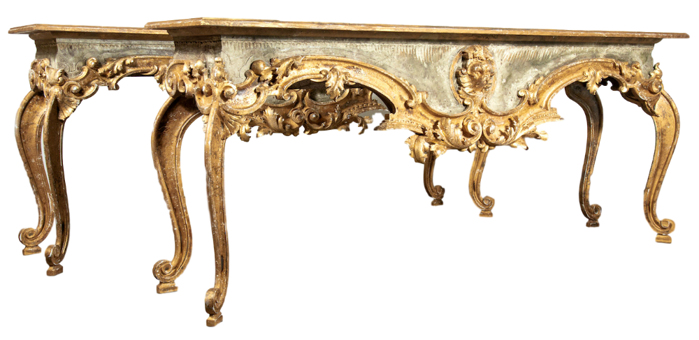 Lolo French Antiques Pair of French Baroque Style Painted and Parcel Gilt Fragment Console Tables