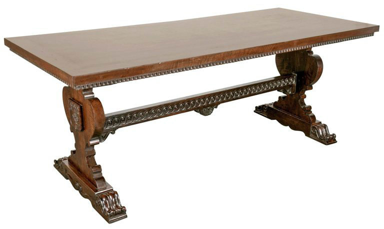 Lolo French Antiques 19th Century Italian Baroque Style Walnut Trestle Table with Fruitwood marquetry 