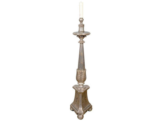 Lolo French Antiques Antique Italian Silver Leaf Carved Wood Candle Stand Converted to a Floor Lamp