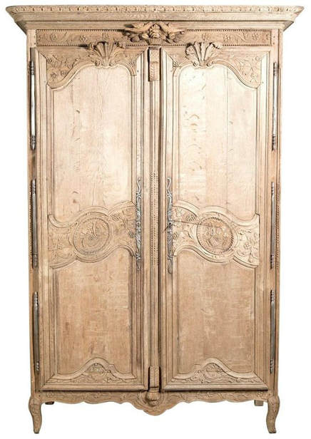Lolo French Antiques  Country French Louis XV Style Washed Oak Normandy Wedding or Marriage Armoire