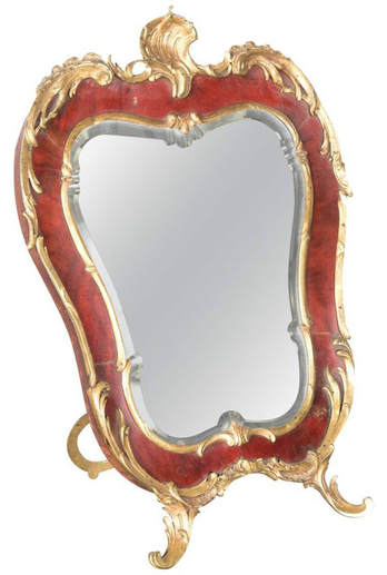 Lolo French Antiques 19th century French Rococo style red tortoise shell and gilt bronze footed vanity mirror