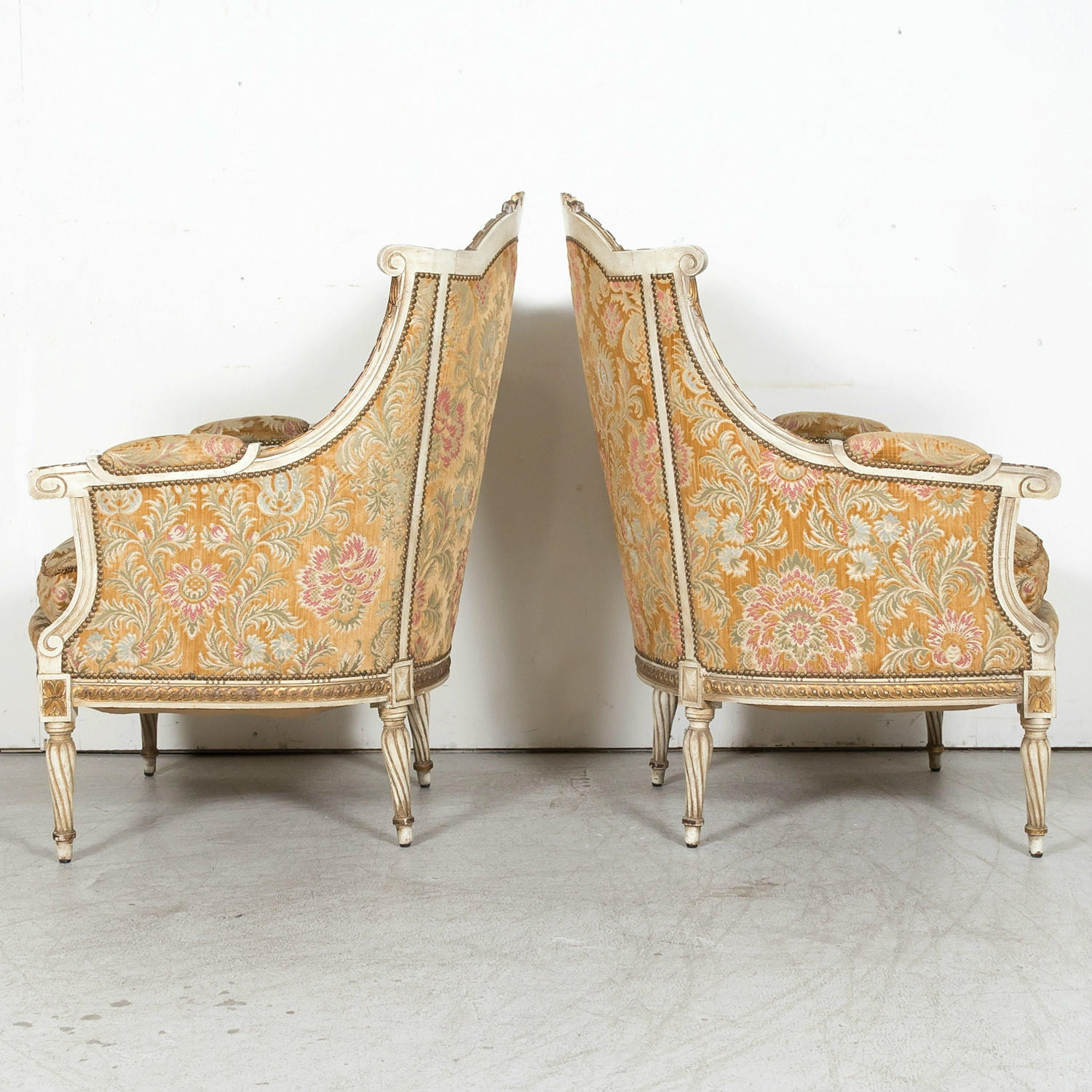 LOLO FRENCH ANTIQUES SET OF SIX FRENCH LOUIS XVI STYLE MAISON JANSEN  PARCEL-GILT AND PAINTED DINING SIDE CHAIRS - Lolo French Antiques et More