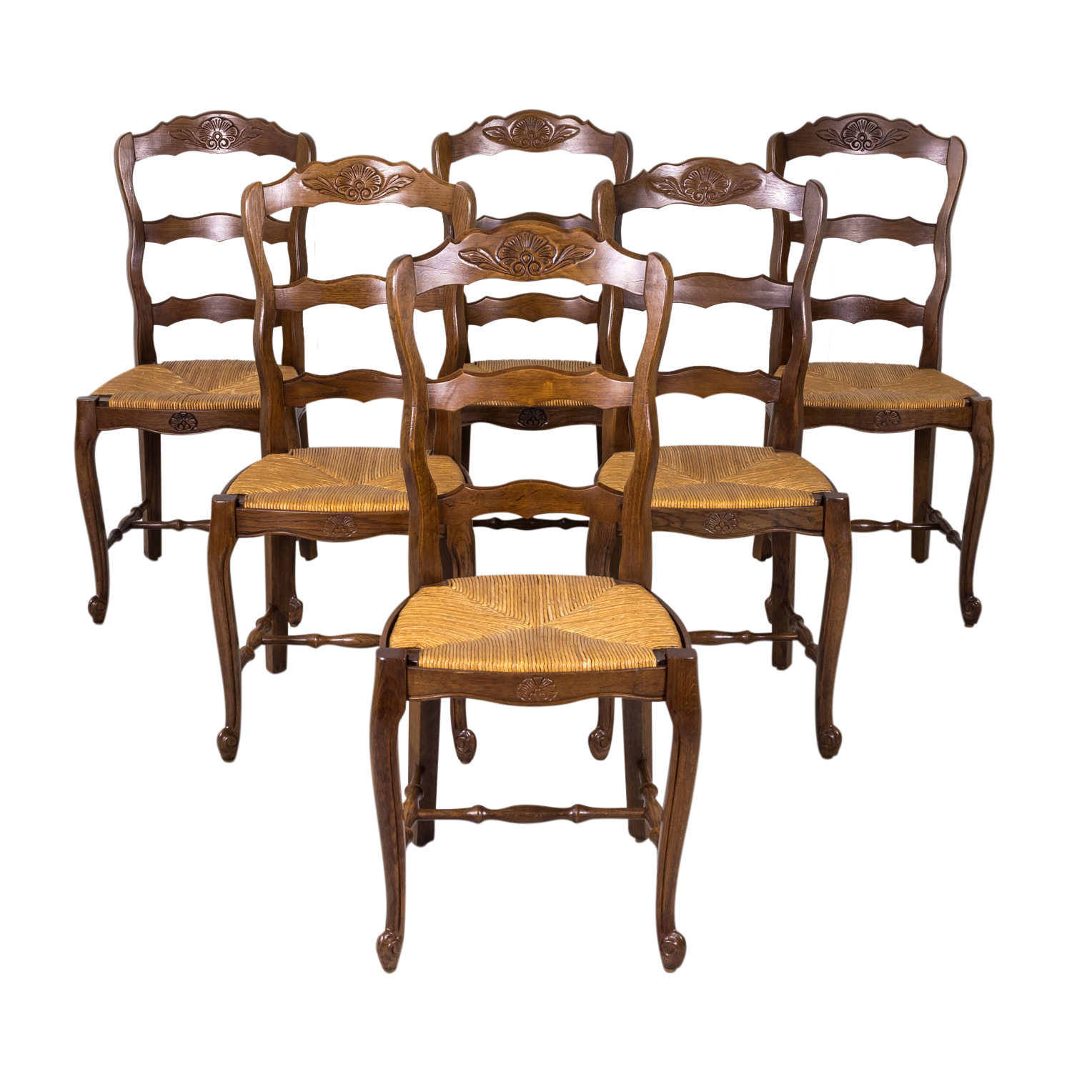 Antique Country French Louis Xv Style Oak Ladder Back Dining Chairs With Rush Seat Set Of Six