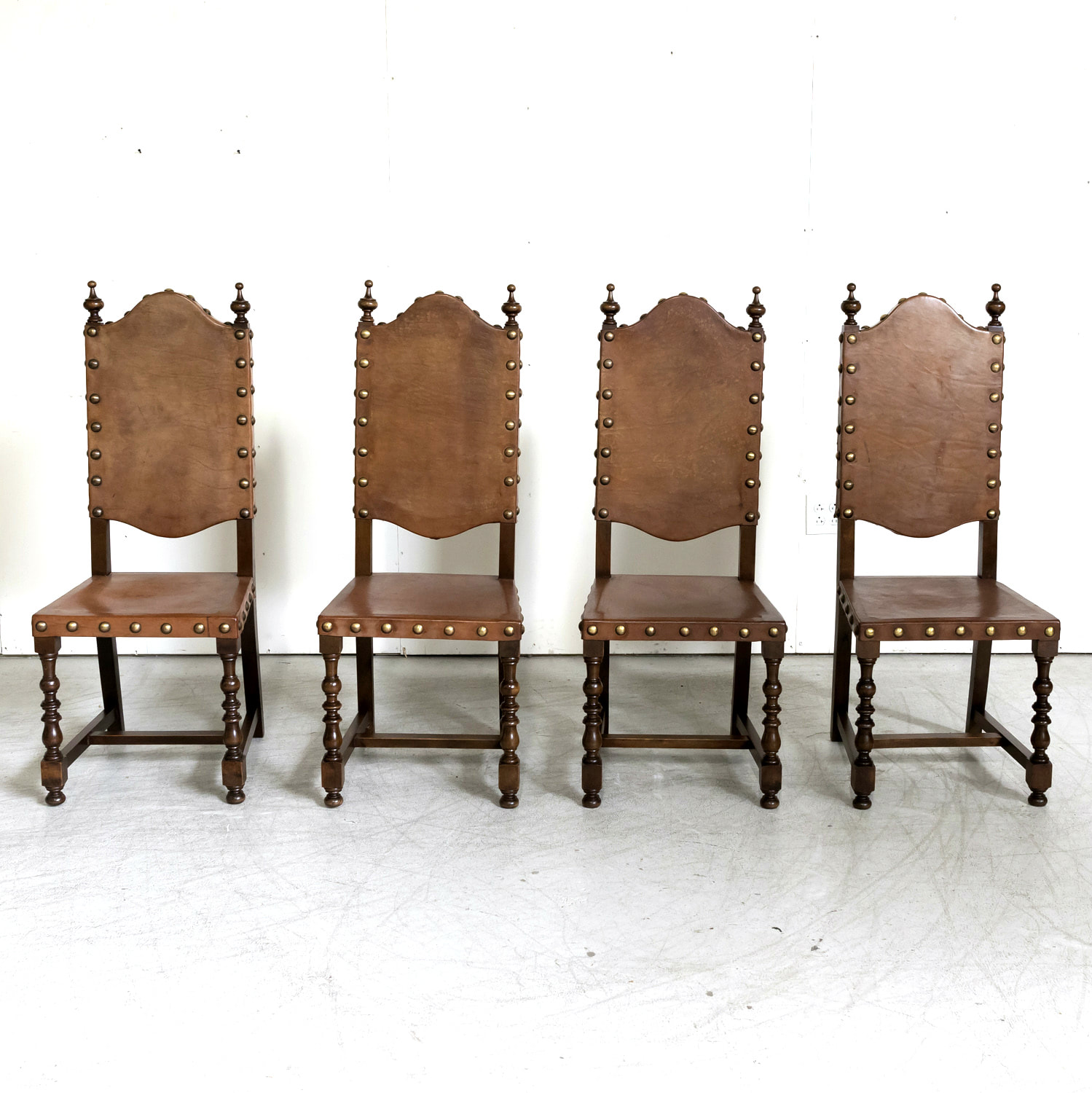 19th Century Spanish Baroque Style Leather and Walnut Side Chairs with  Nailhead Trim, Set of 4